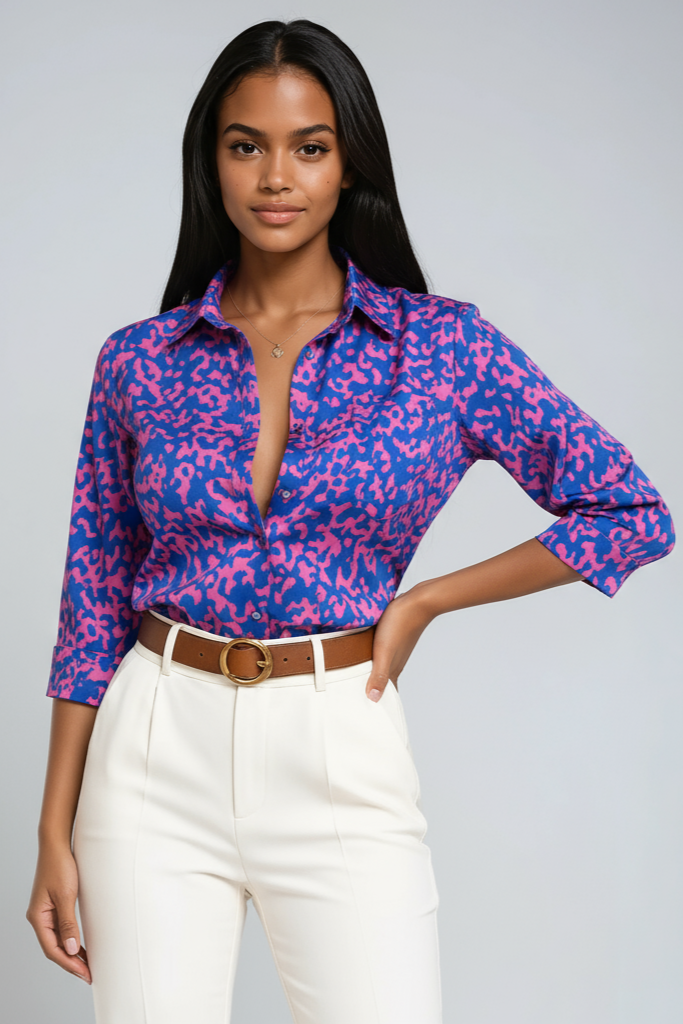 Geometric Print Blouse with Button Front and Three-Quarter Sleeves in Blue | Koossa
