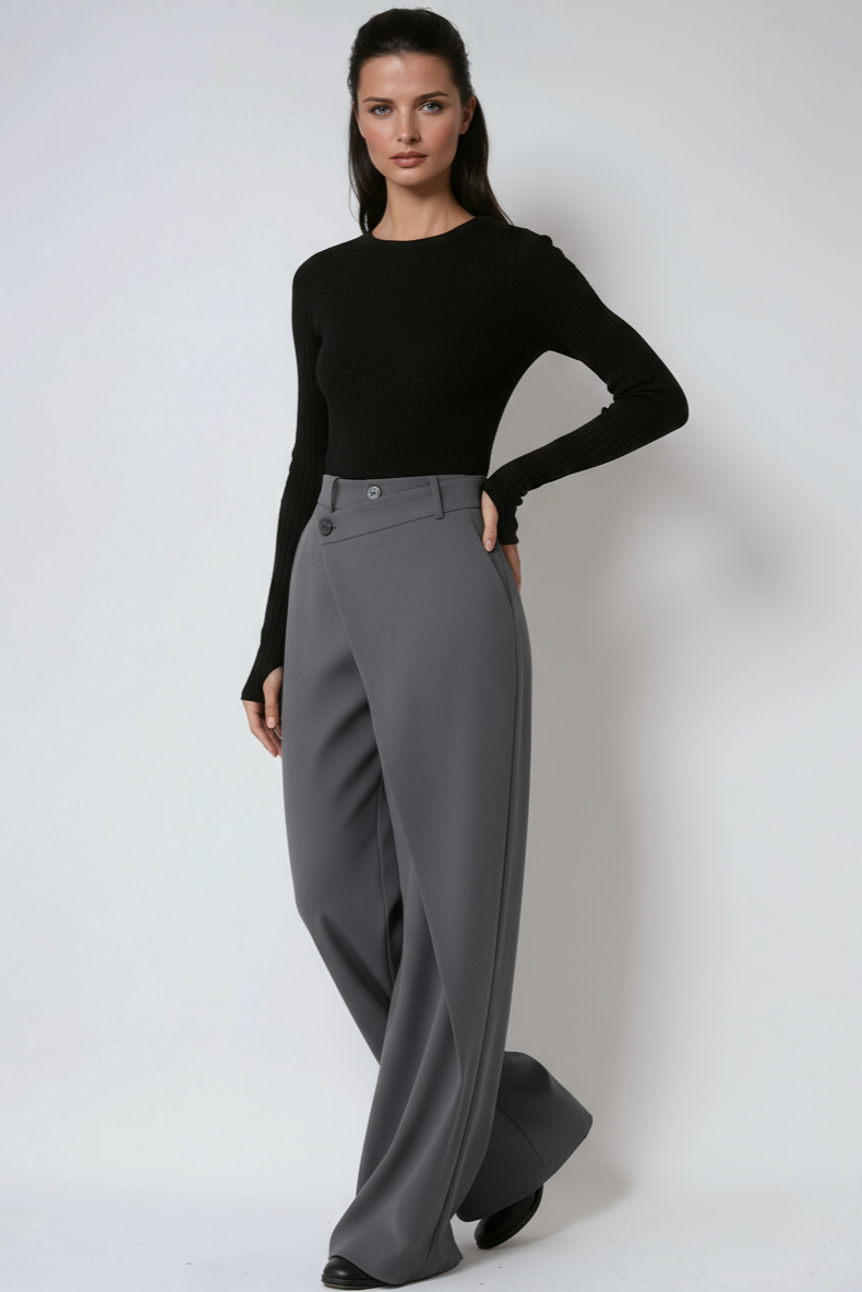 High-Waisted Wide-Leg Trousers with Asymmetric Wrap Detail in Black, Brown & Grey for Work and Evening | Koossa