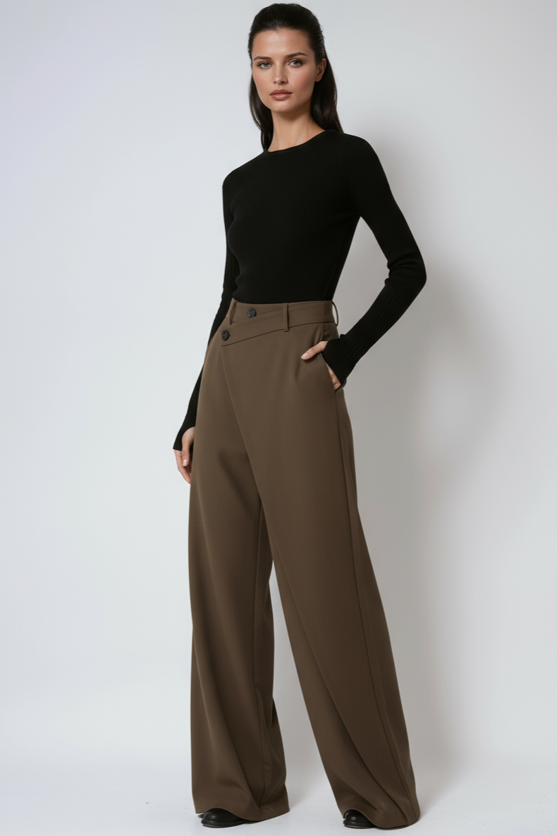 High-Waisted Wide-Leg Trousers with Asymmetric Wrap Detail in Black, Brown & Grey for Work and Evening | Koossa