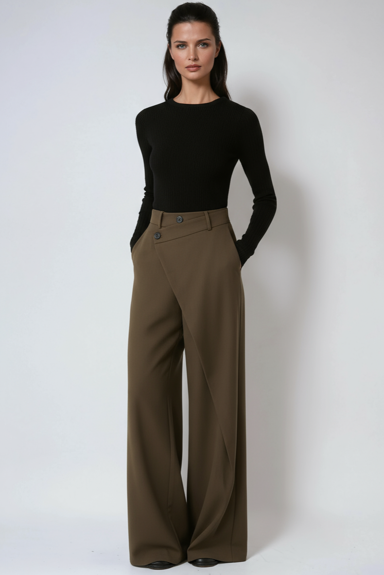 High-Waisted Wide-Leg Trousers with Asymmetric Wrap Detail in Black, Brown & Grey for Work and Evening | Koossa