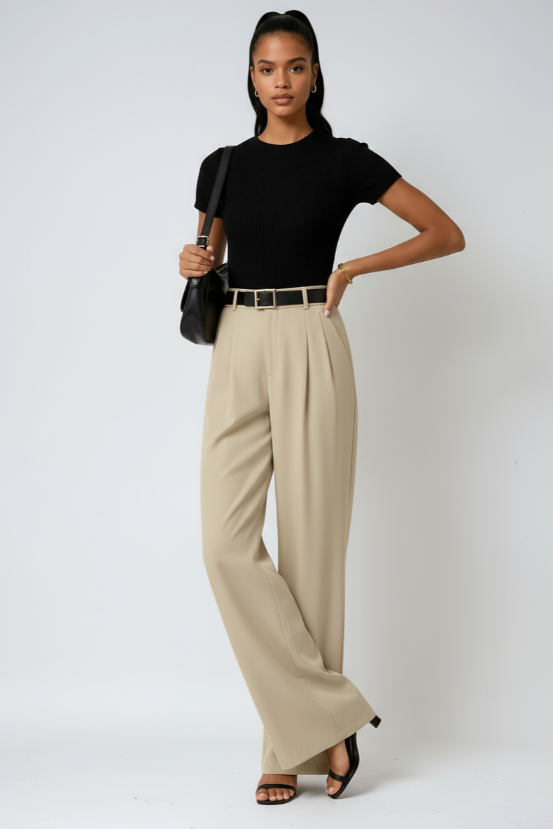 High-Waisted Wide-Leg Trousers in White with Pleated Front for Smart Casual Occasions | Koossa