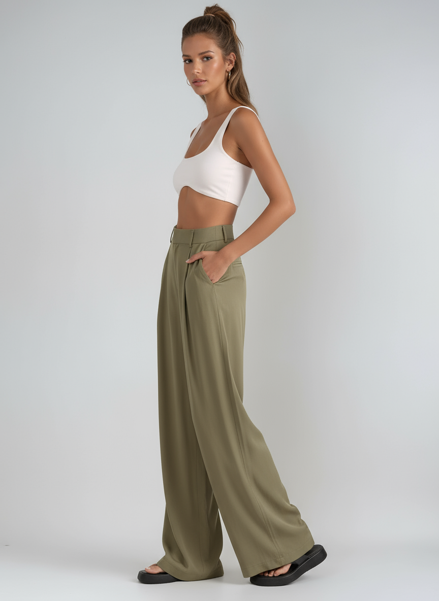 High-Waisted Wide-Leg Trousers in Lightweight Fabric for Smart Casual Elegance | Flowing Palazzo Trousers with Pleated Detail for Women | Koossa
