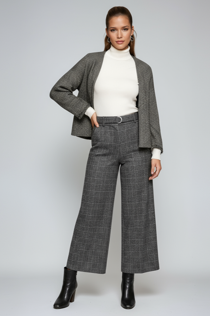 Wide Leg Cropped Trousers with Belt and Check Pattern in Black and Grey for Smart Casual and Workwear | Koossa