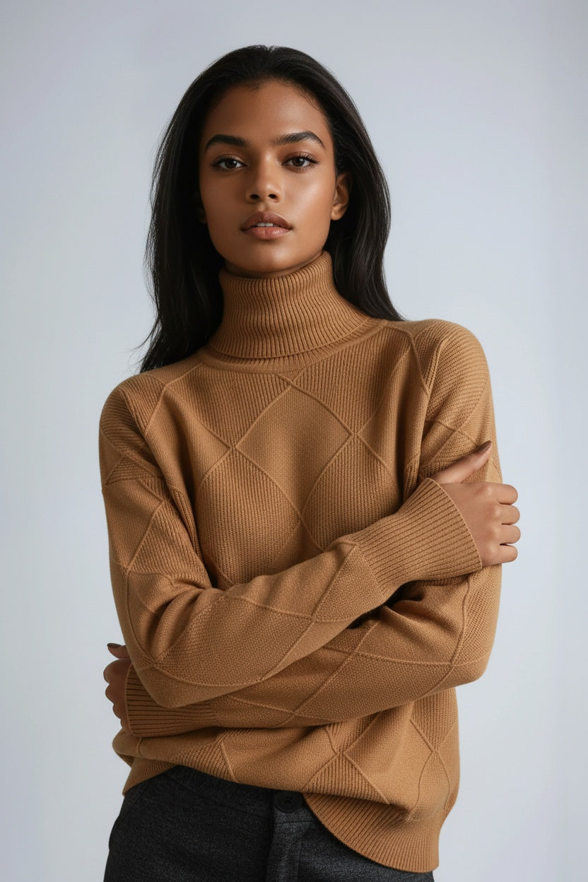 Women's Wool Turtleneck Jumper with Textured Geometric Knit in Eight Colours for Sophisticated Winter Layering and Timeless Autumn Style | Koossa