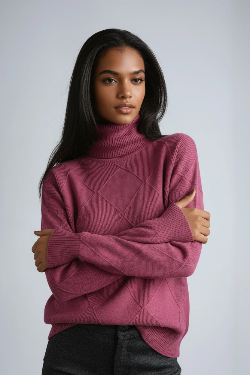 Women's Wool Turtleneck Jumper with Textured Geometric Knit in Eight Colours for Sophisticated Winter Layering and Timeless Autumn Style | Koossa