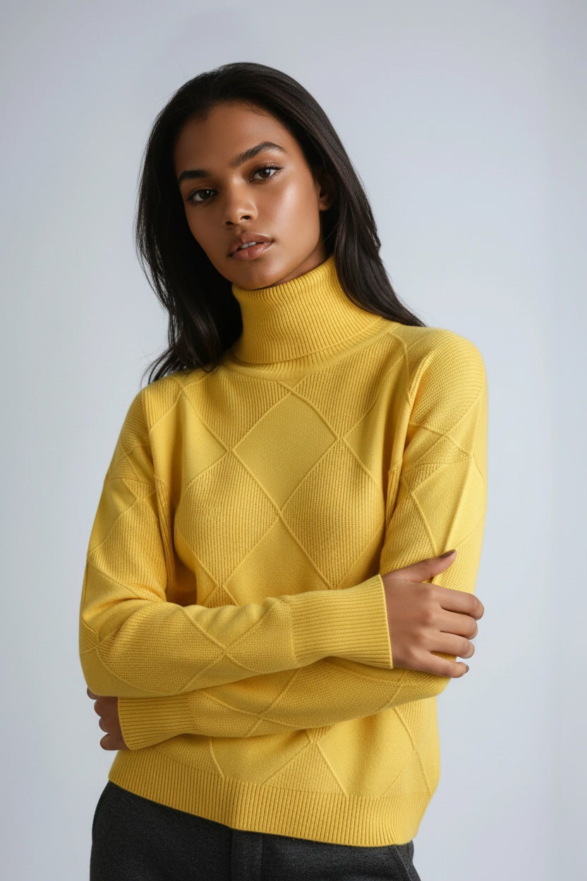 Women's Wool Turtleneck Jumper with Textured Geometric Knit in Eight Colours for Sophisticated Winter Layering and Timeless Autumn Style | Koossa