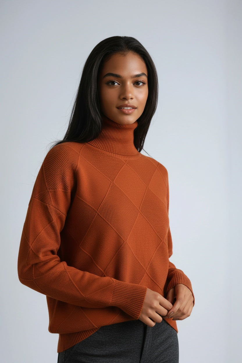 Women's Wool Turtleneck Jumper with Textured Geometric Knit in Eight Colours for Sophisticated Winter Layering and Timeless Autumn Style | Koossa