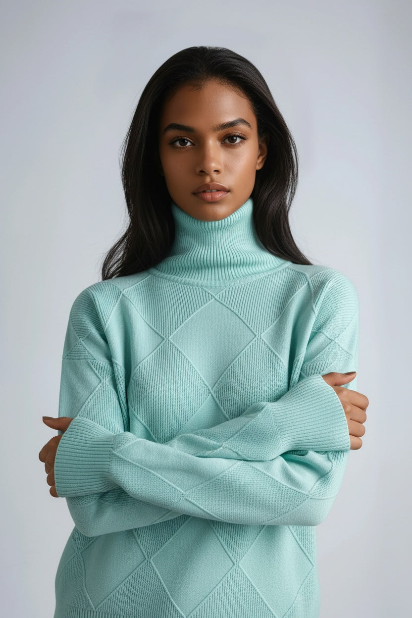 Women's Wool Turtleneck Jumper with Textured Geometric Knit in Eight Colours for Sophisticated Winter Layering and Timeless Autumn Style | Koossa
