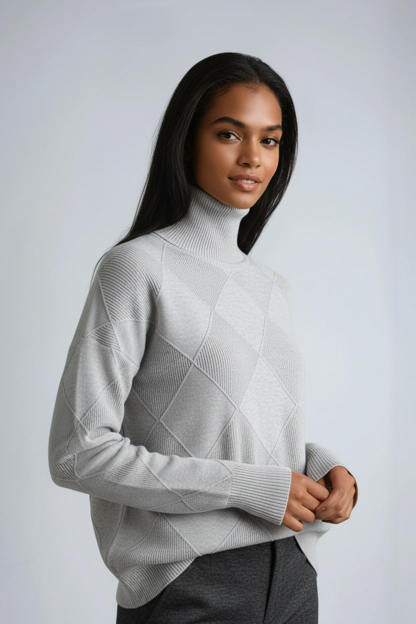 Women's Wool Turtleneck Jumper with Textured Geometric Knit in Eight Colours for Sophisticated Winter Layering and Timeless Autumn Style | Koossa
