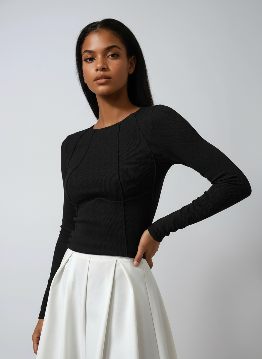 Ribbed Long Sleeve Top with Sculpted Seam Detail in Stretch Jersey for Effortless Layering and Flattering Fit | Koossa