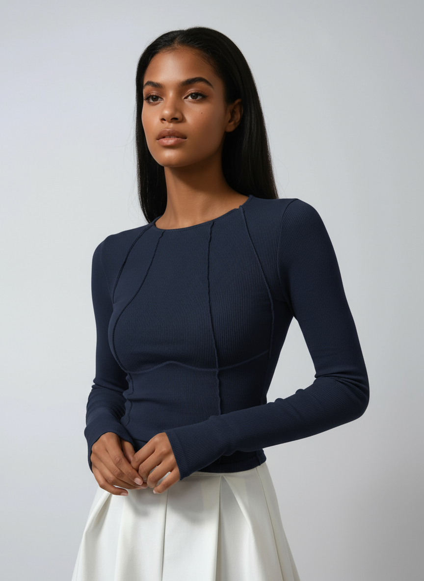 Ribbed Long Sleeve Top with Sculpted Seam Detail in Stretch Jersey for Effortless Layering and Flattering Fit | Koossa