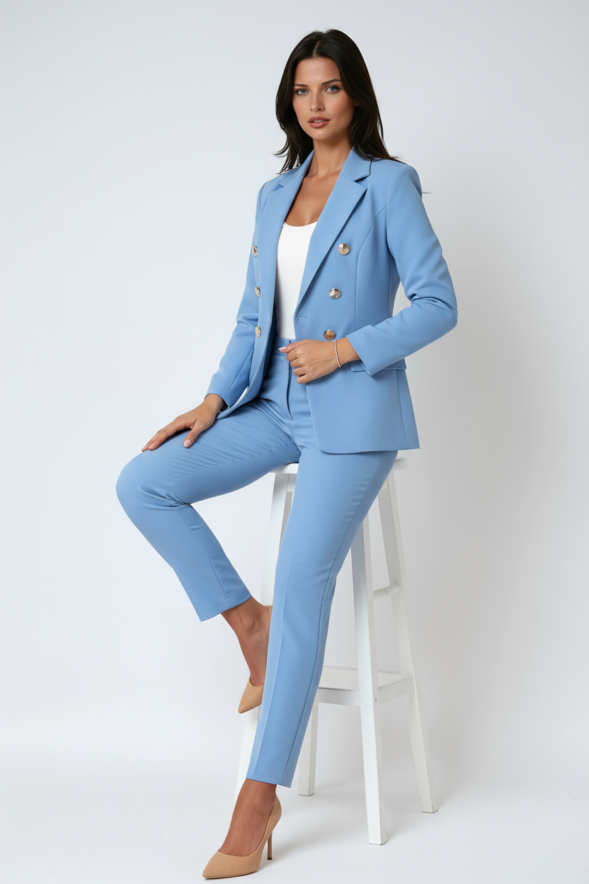 Double-Breasted Tailored Blazer and Trouser Two-Piece in Classic Navy | Koossa