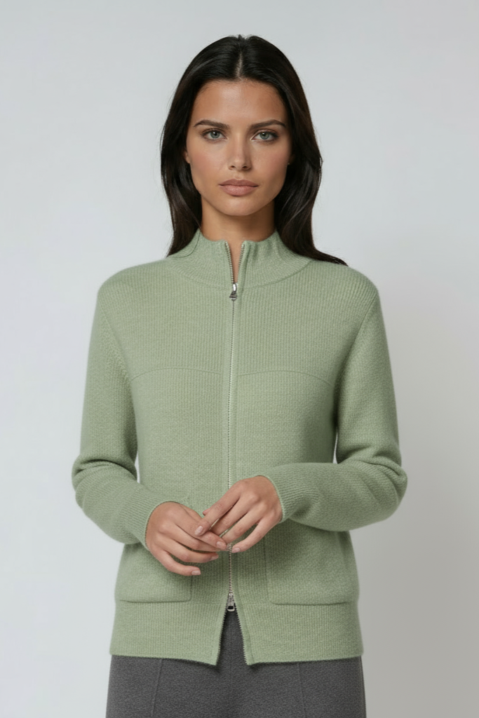 Women's Zipped Merino Wool Cardigan with High Neck in Beige, Pink, Camel & Turquoise | Relaxed Fit Knitwear | Koossa