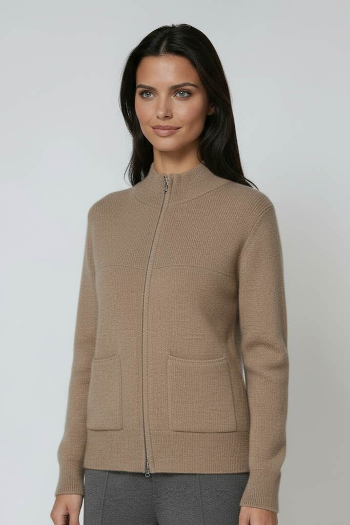 Women's Zipped Merino Wool Cardigan with High Neck in Beige, Pink, Camel & Turquoise | Relaxed Fit Knitwear | Koossa