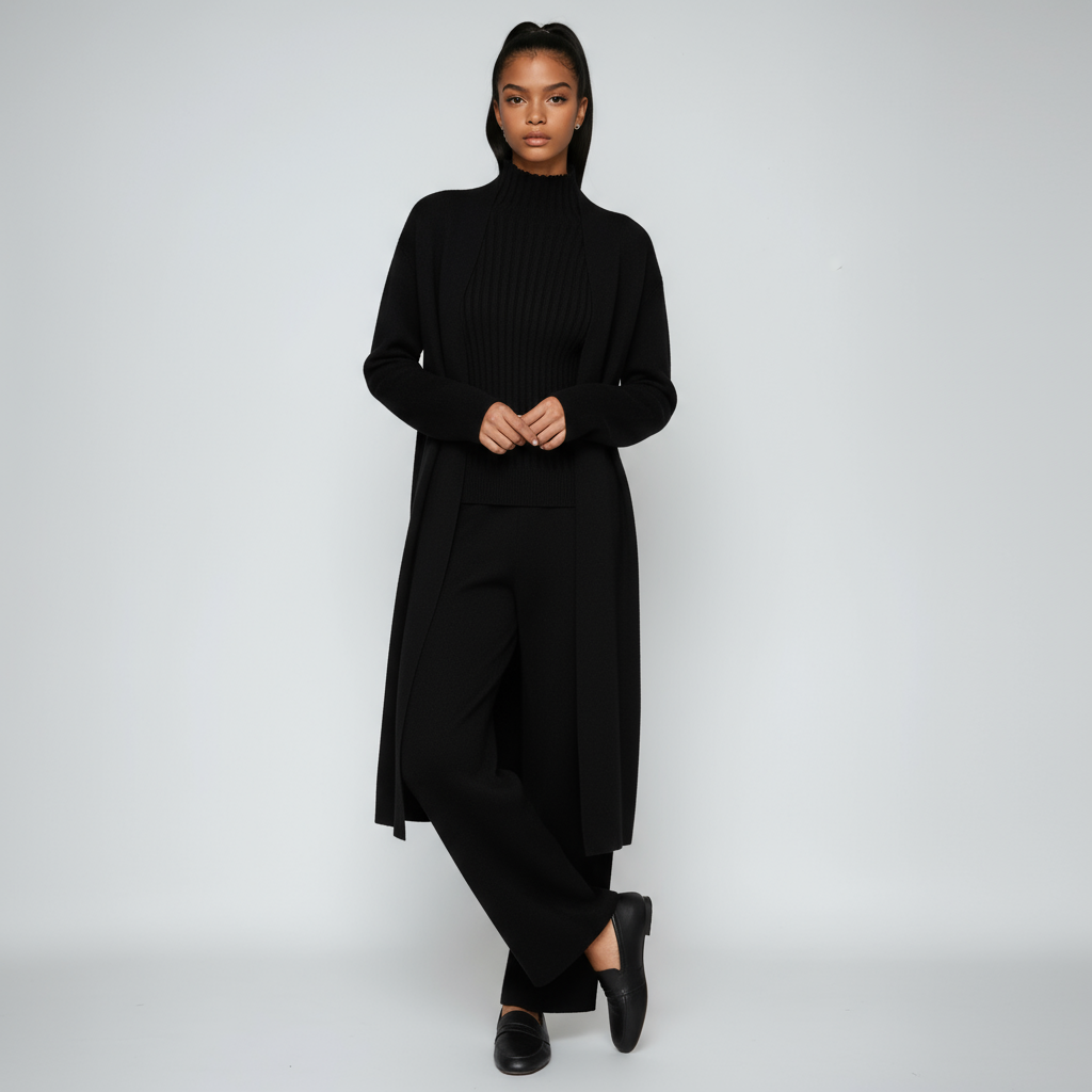 Three-Piece Knitted Co-ord Set — Cardigan, Sleeveless Top & Wide-Leg Trousers in Soft Ribbed Viscose Blend for Effortless Layered Elegance | Koossa