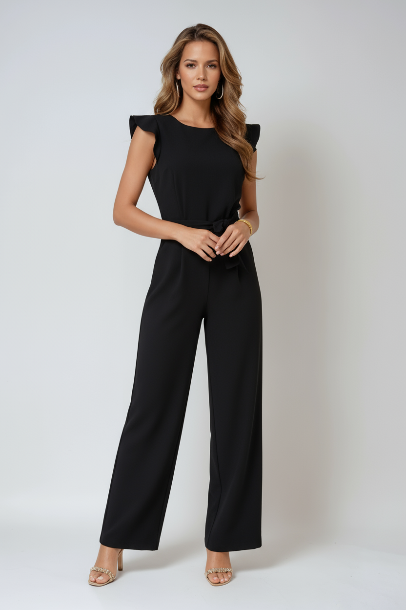 Belted Wide-Leg Jumpsuit in Soft Flowing Fabric for Daywear and Evening | Elegant Flutter Sleeve All-in-One with Waist Tie | Koossa
