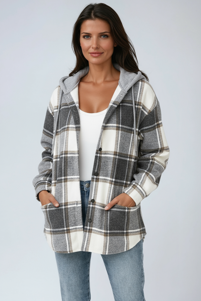 Oversized Hooded Jacket in Classic Checked Wool Blend for Autumn Layering | Koossa