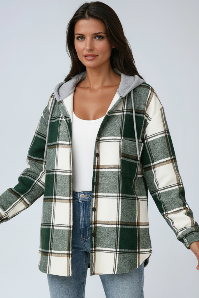 Oversized Hooded Jacket in Classic Checked Wool Blend for Autumn Layering | Koossa