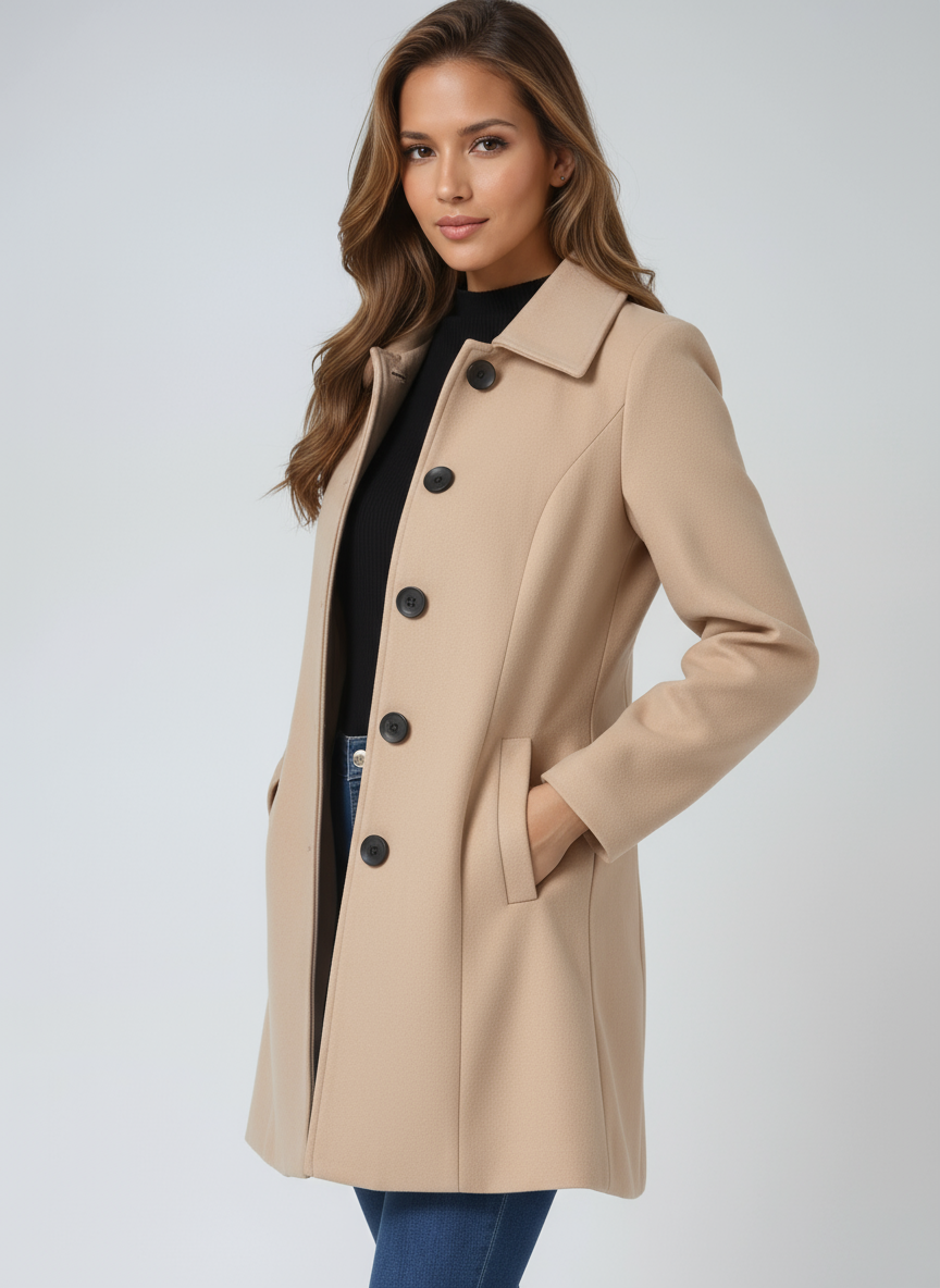 Women's Tailored Wool Trench Coat in Classic Neutral Tones for Autumn and Winter | Koossa