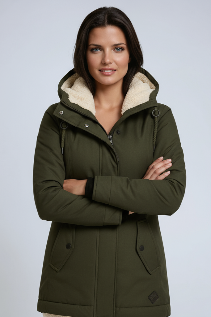 Quilted Parka Coat with Fleece-Lined Hood in Black, Wine Red, Green, Grey, Blue, Caramel | Warm Winter Outerwear for Women | Koossa