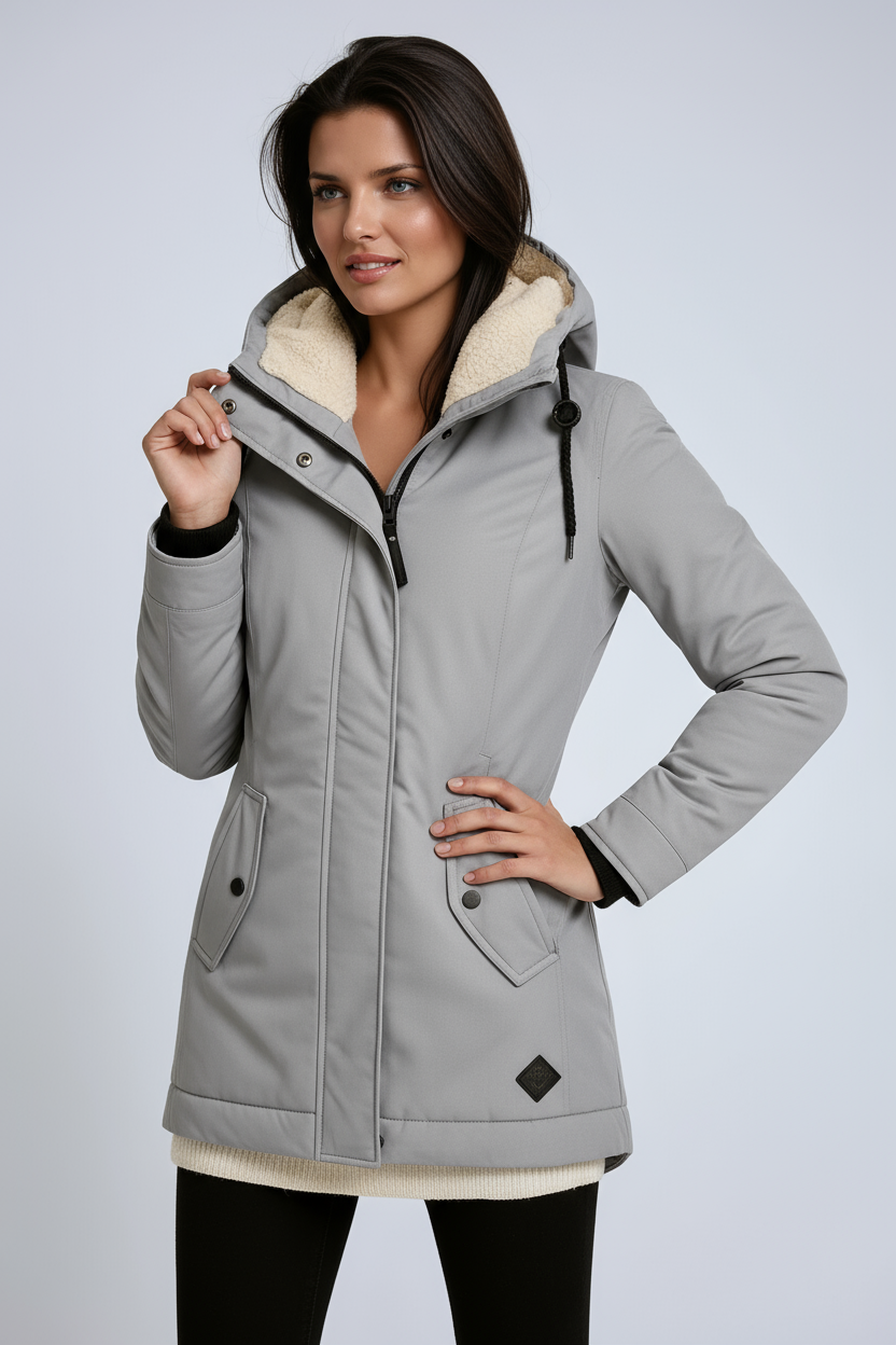 Quilted Parka Coat with Fleece-Lined Hood in Black, Wine Red, Green, Grey, Blue, Caramel | Warm Winter Outerwear for Women | Koossa