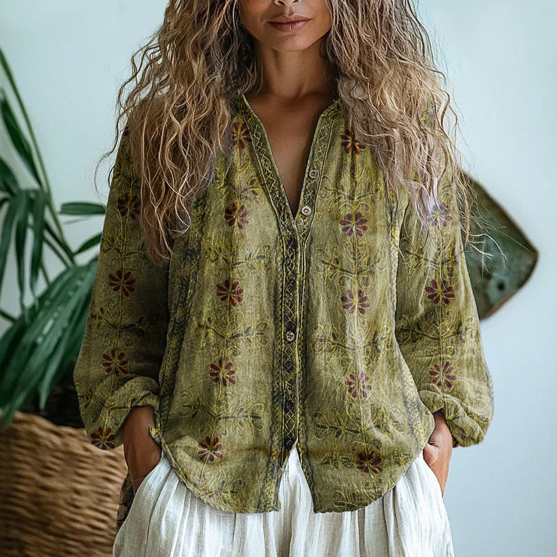 Women's Printed Blouse in Soft Draped Fabric with Vintage Botanical Leaf Pattern | Koossa