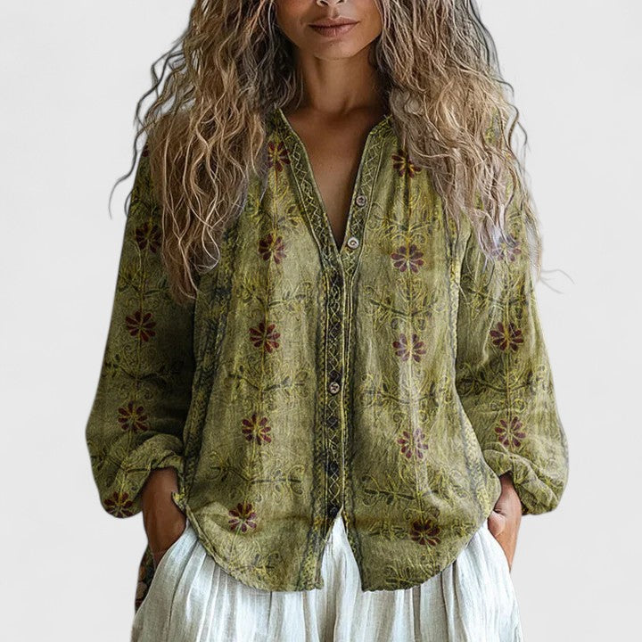 Women's Botanical Print Button-Through Blouse in Flowing Viscose for Warm-Weather Elegance | Koossa