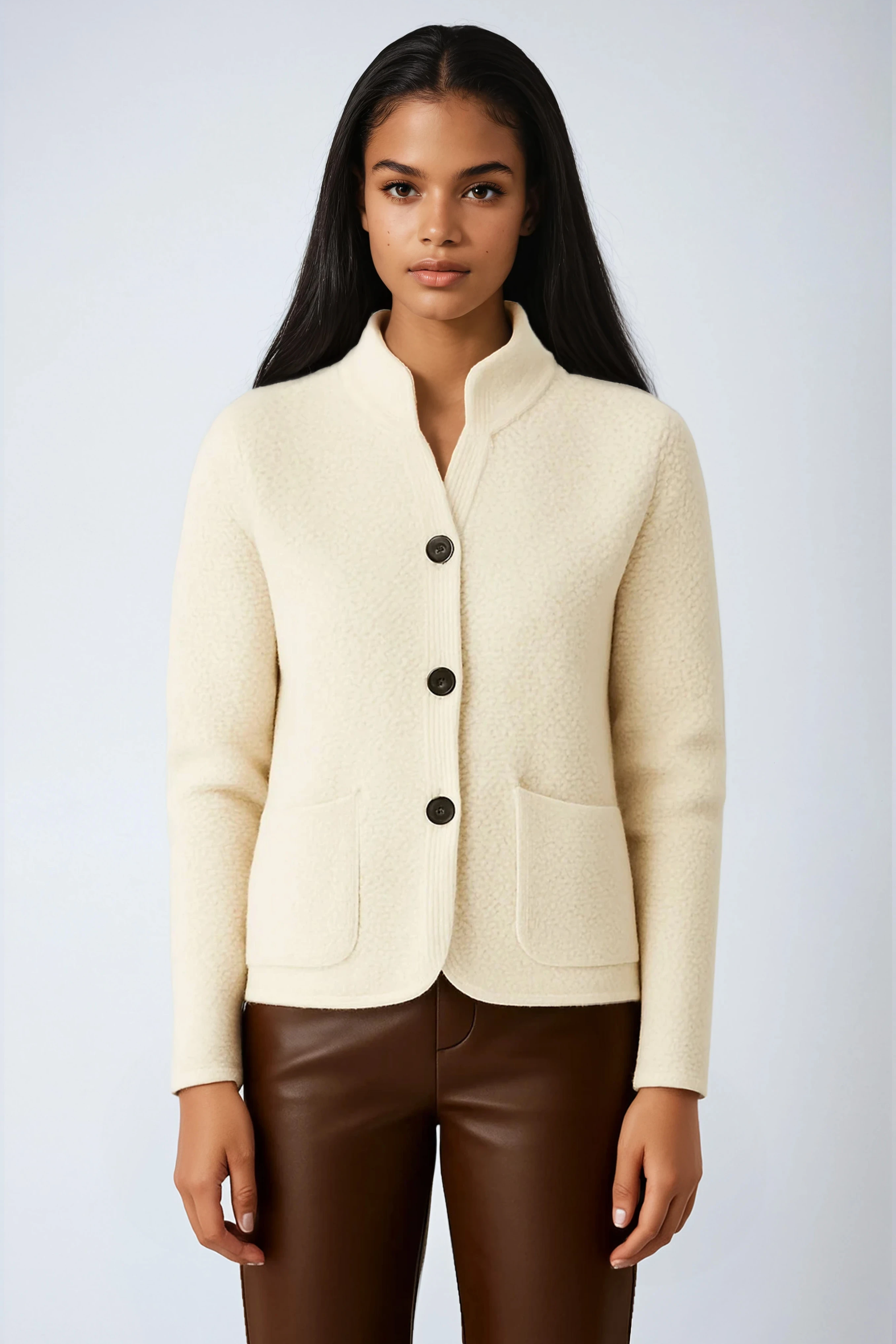 Wool Knit Jacket with Button Front in Grey, Camel & Beige – Refined Layering Piece for Cooler Days | Koossa