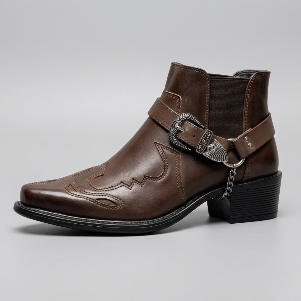 Men's Western Cowboy Boots Pointed Toe Buckle Strap Vintage Leather High Top Ankle Boots for Casual Outdoor Everyday Wear | Lonoma