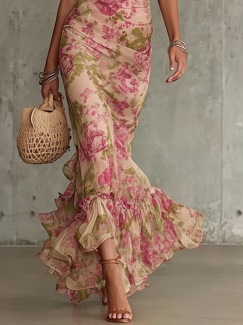 Women's Vintage-Inspired Puff Sleeve Maxi Dress in Pink with Rose Print | Koossa