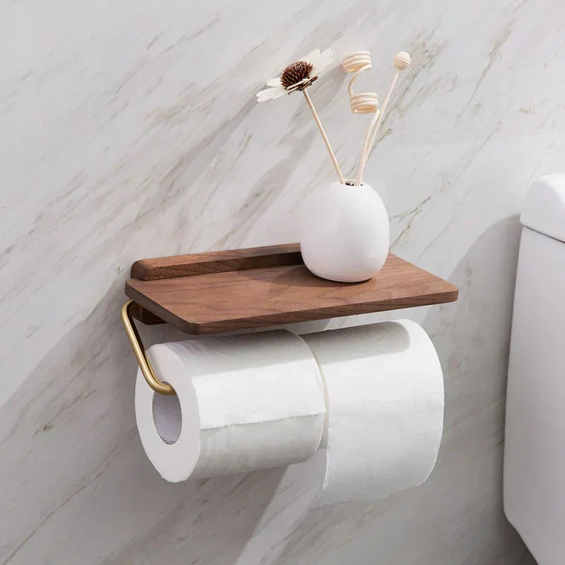 Wall Mount Toilet Paper Holder with Top Shelf, Dark Brown Walnut Wood Tissue Dispenser for Bathroom, Powder Room & Guest Bath | Lonoma