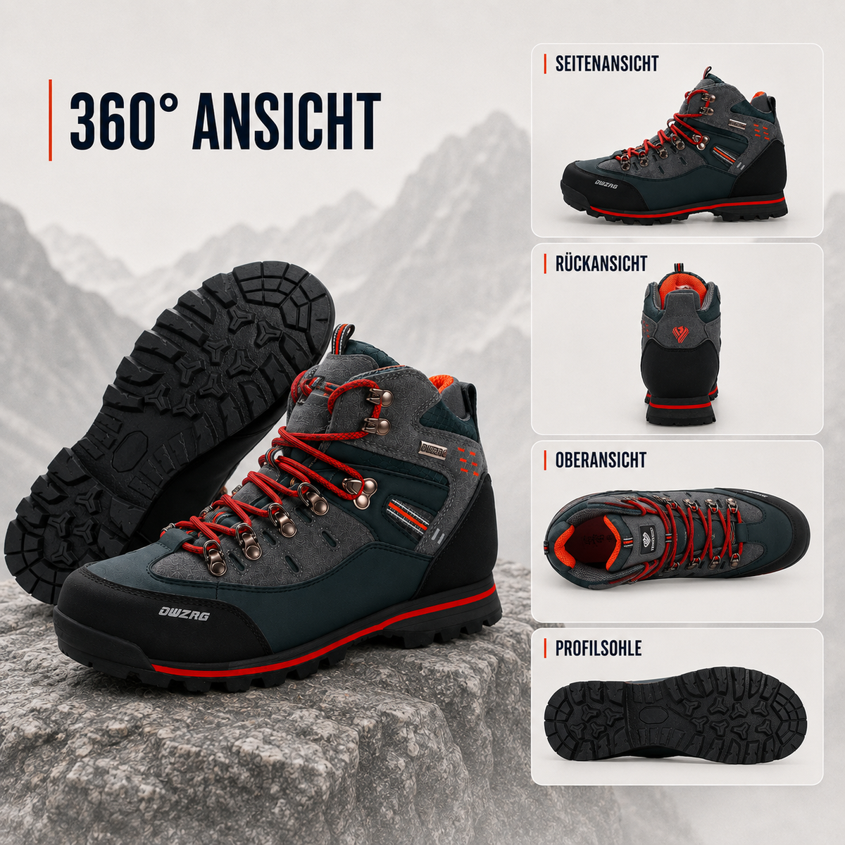 Men's Waterproof Hiking Boots, Mid-Ankle Non-Slip Rubber Sole Trekking Shoes for Winter Trail Walking, Mountain & Outdoor Use | Lonoma