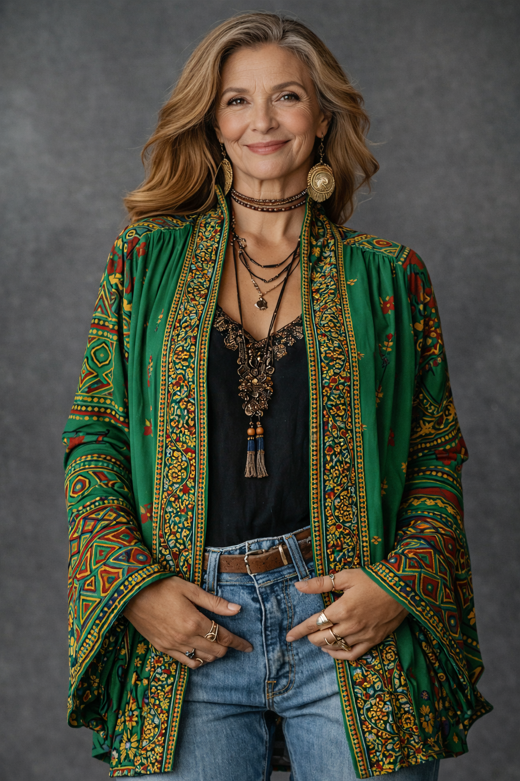 Women's Bohemian Open-Front Cardigan with Tapestry Pattern in Velvet-Touch Fabric | Elegant Layering Piece with Wide Sleeves | Koossa