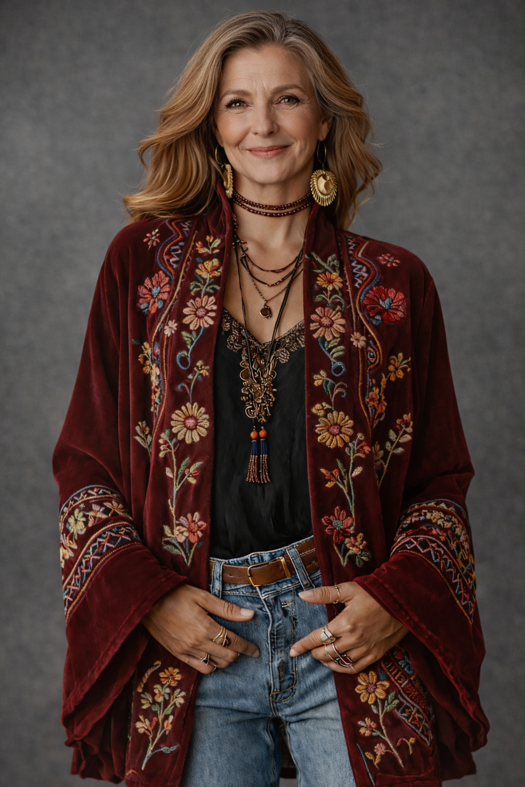 Women's Bohemian Open-Front Cardigan with Tapestry Pattern in Velvet-Touch Fabric | Elegant Layering Piece with Wide Sleeves | Koossa