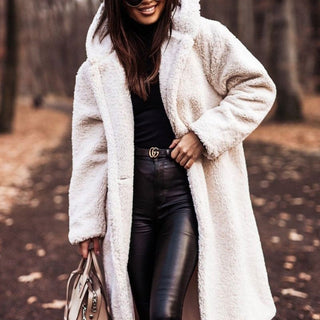 Women's Hooded Teddy Coat — Long Relaxed-Fit Winter Coat with Wide Lapels & Single-Button Front | Koossa