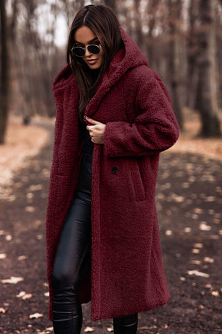 Women's Hooded Teddy Coat — Long Relaxed-Fit Winter Coat with Wide Lapels & Single-Button Front | Koossa