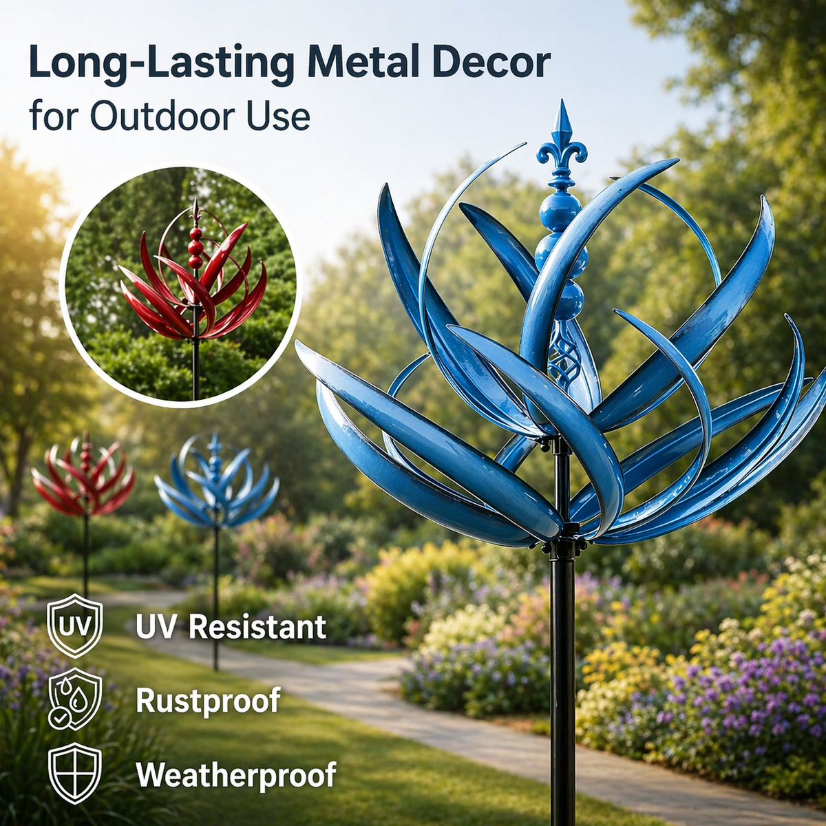 Metal Garden Wind Spinner, 35 in Kinetic Yard Sculpture with Dual-Spin Petals, Outdoor Lawn Stake for Patio and Flower Bed | Lonoma