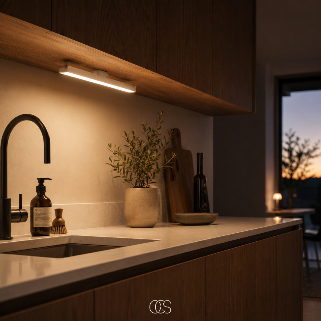 Réglette LED magnétique sans fil rechargeable USB-C avec variateur aluminium gris blanc 30 cm éclairage modulable | Koossa