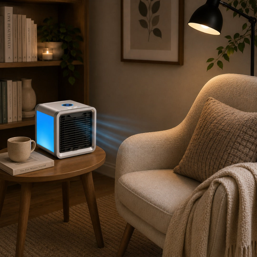Refroidisseur d'air portable USB avec humidificateur éclairage LED 7 couleurs autonomie 8 heures bureau maison | Koossa