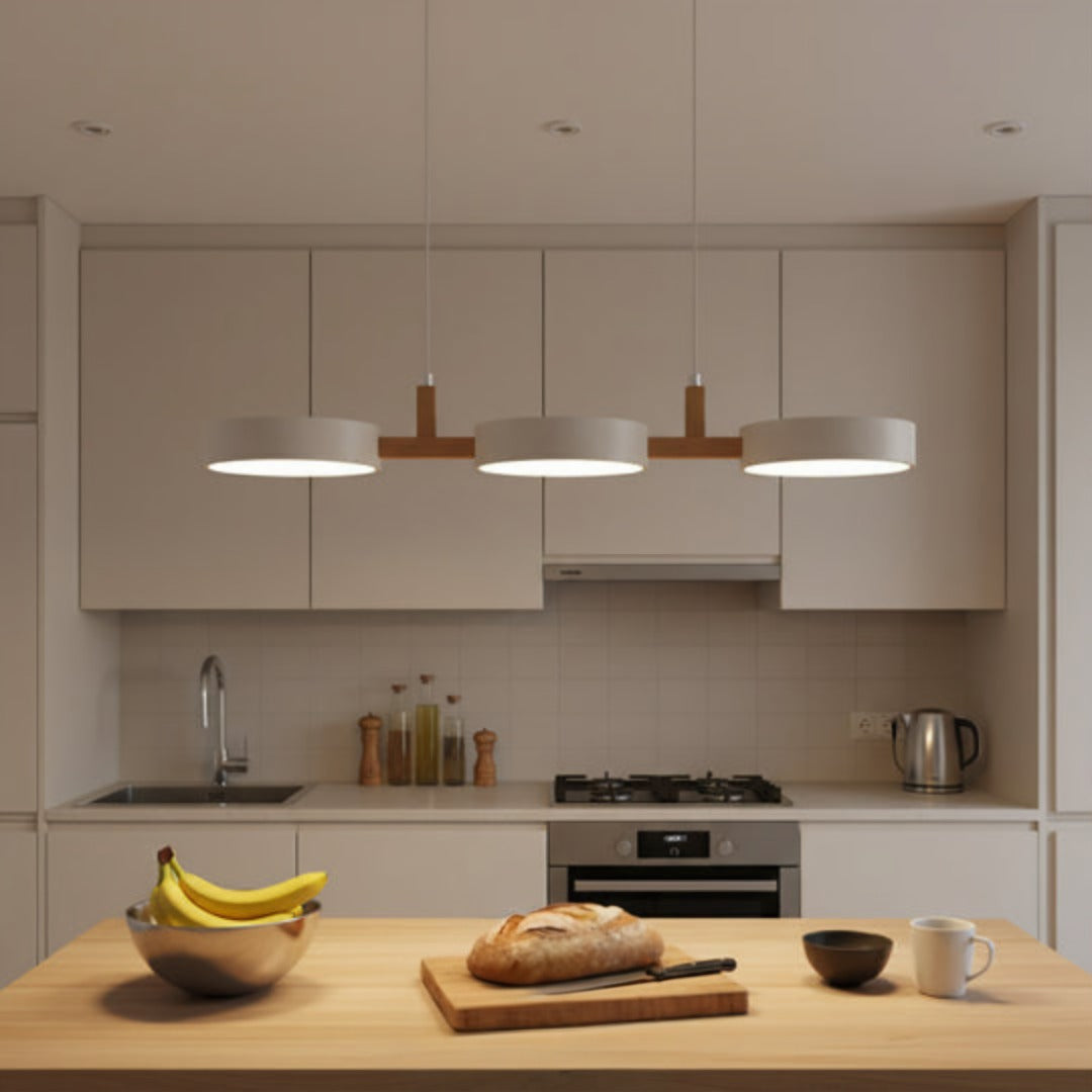 Suspension ronde LED bois et métal 77 cm style macaron ambiance douce eetkamer woonkamer keuken slaapkamer | Koossa