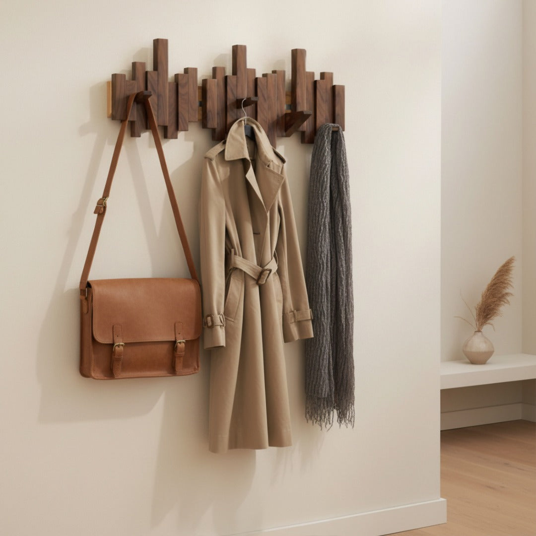 Patère murale en bois massif à crochets escamotables design touche de piano pour entrée chambre couloir | Koossa