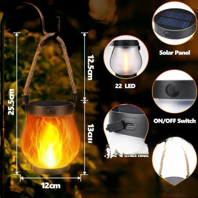 Lanterne Solaire à Poser Effet Flamme 22 LED Chanvre Jardin Terrasse Balcon Extérieur Étanche Éclairage Autonome | Koossa