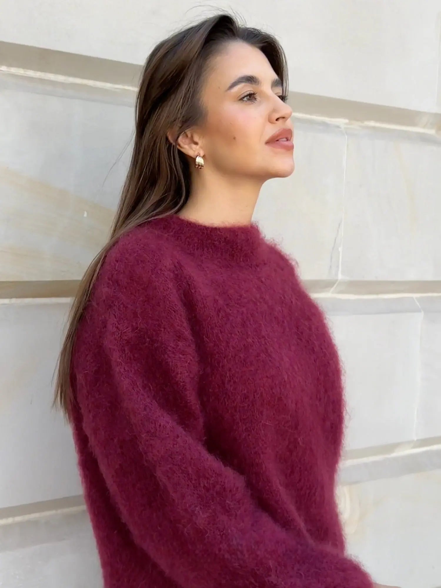 Women's Textured Knit Jumper in Wine Red, Cream & Grey – Relaxed Fit Crew Neck Pullover for Autumn & Winter | Koossa