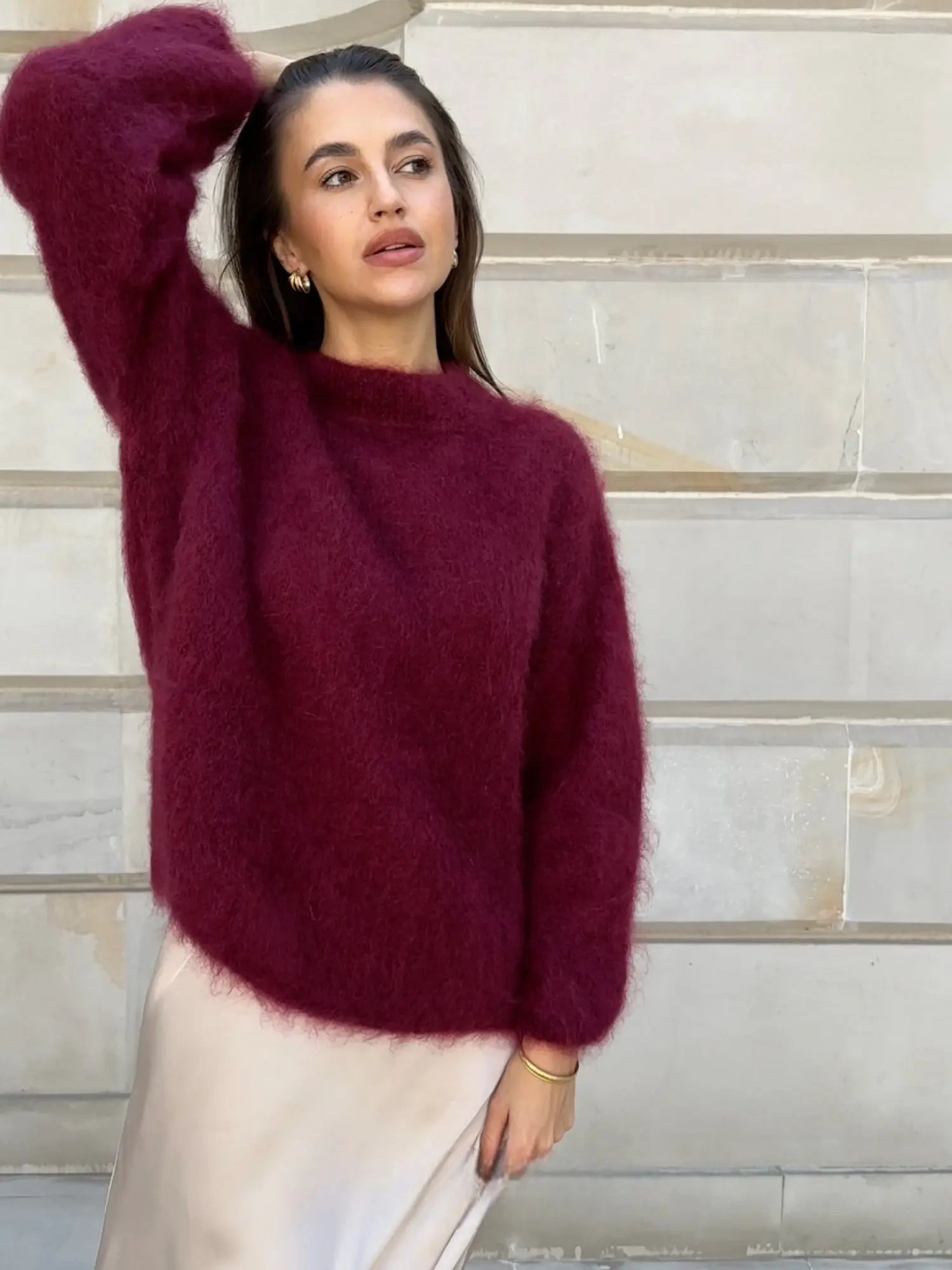 Women's Textured Knit Jumper in Wine Red, Cream & Grey – Relaxed Fit Crew Neck Pullover for Autumn & Winter | Koossa