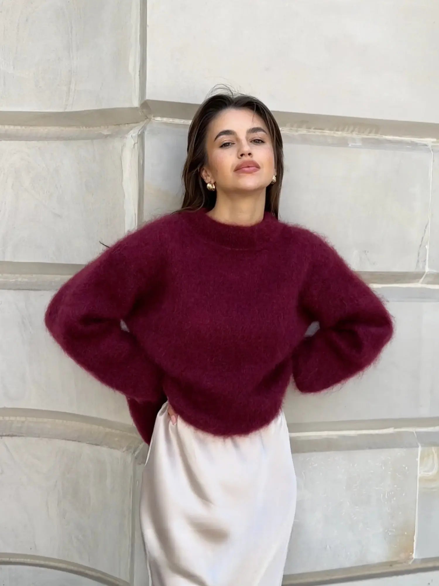 Women's Textured Knit Jumper in Wine Red, Cream & Grey – Relaxed Fit Crew Neck Pullover for Autumn & Winter | Koossa