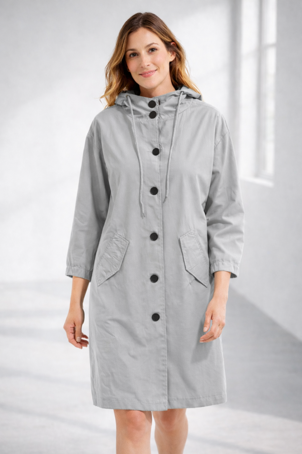 Women's Mid-Length Hooded Jacket — Relaxed Fit Button-Front Coat for Everyday & Transitional Weather | Koossa