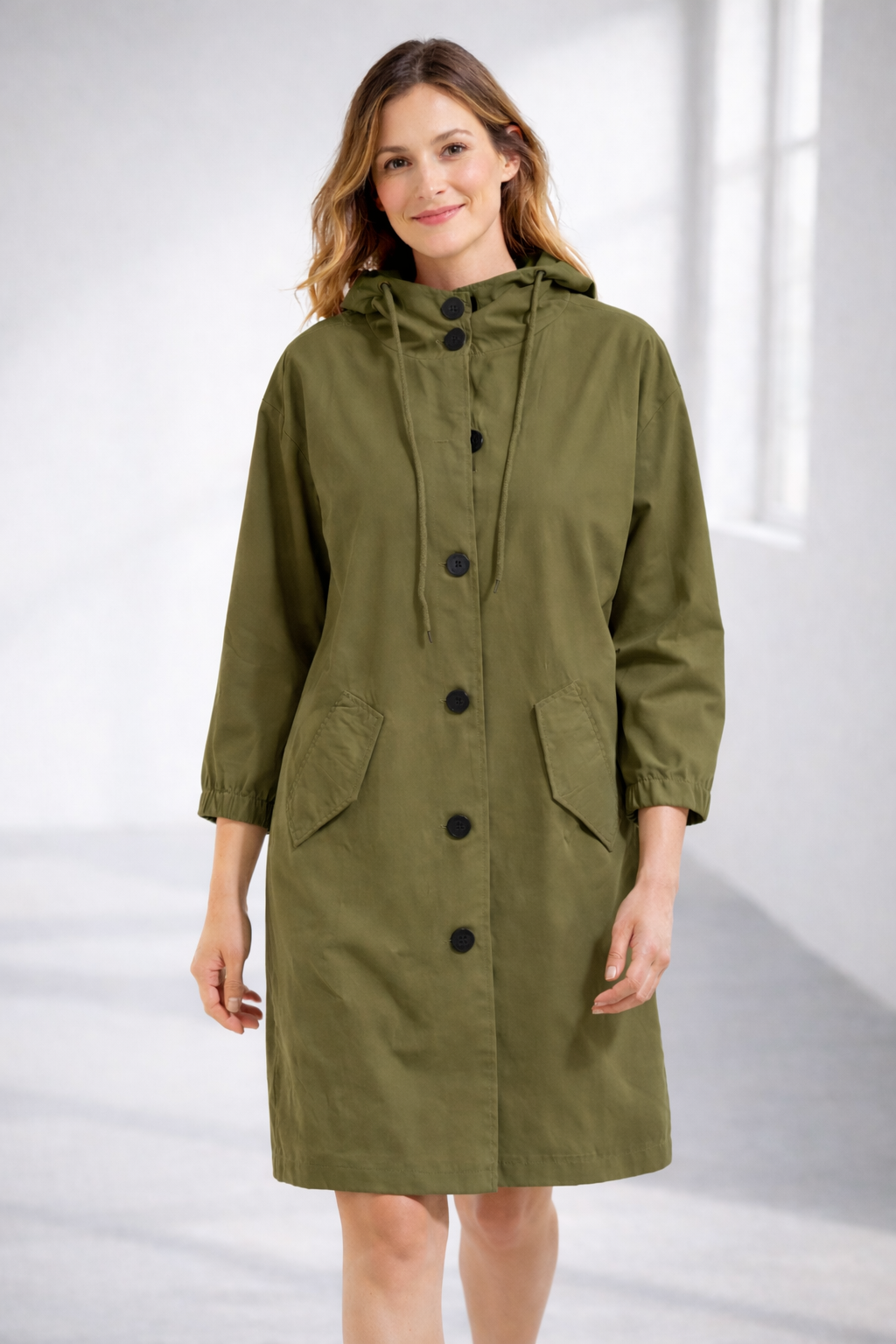 Women's Mid-Length Hooded Jacket — Relaxed Fit Button-Front Coat for Everyday & Transitional Weather | Koossa