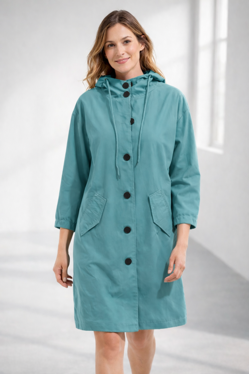 Women's Mid-Length Hooded Jacket — Relaxed Fit Button-Front Coat for Everyday & Transitional Weather | Koossa
