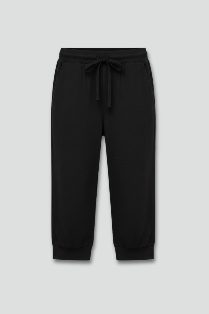 Women's Cropped Pull-On Trousers with Adjustable Drawstring in Black | Relaxed Summer Fit | Side Pocket Detail | Casual Weekend Styling | Koossa