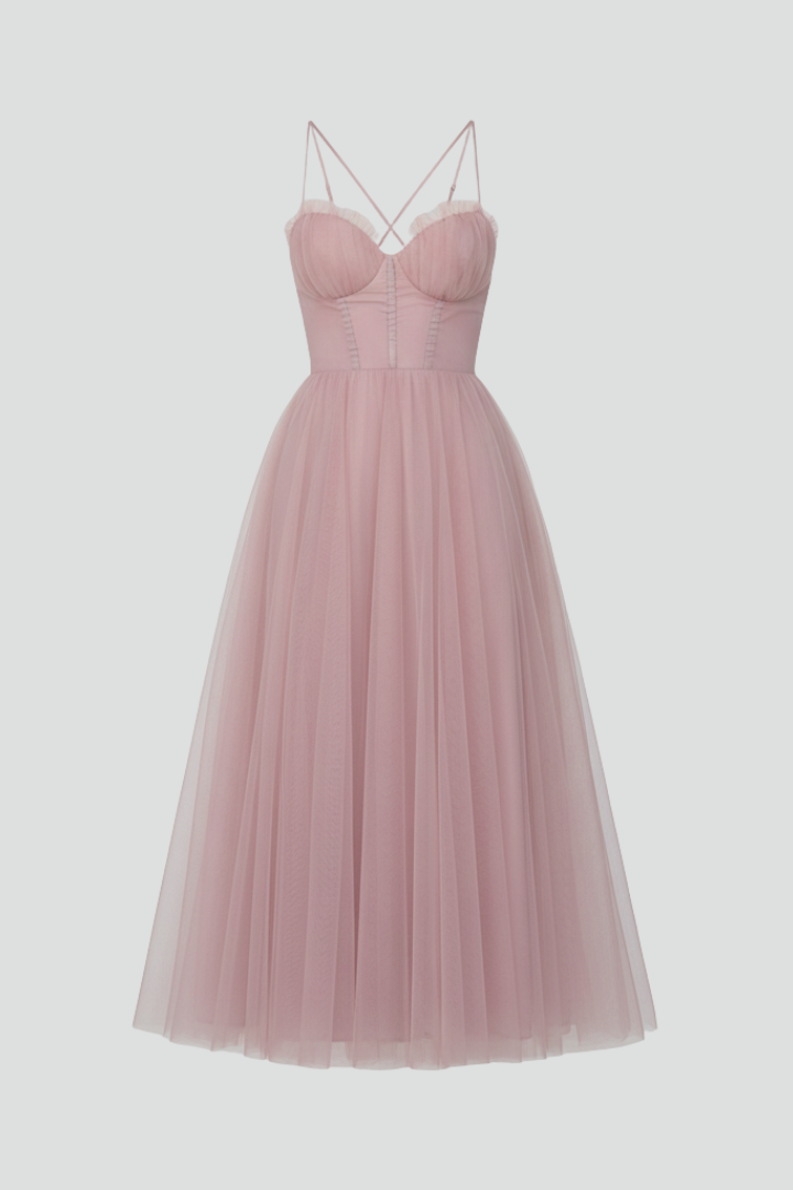 Women's Strapless Layered Tulle Maxi Dress in Pink, Black & Brown – Romantic Evening Gown for Weddings, Garden Parties & Summer Celebrations | Koossa